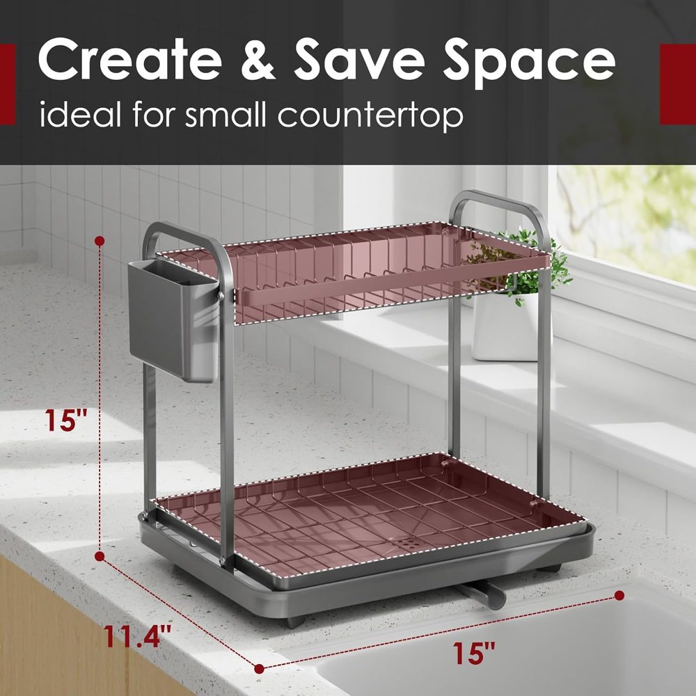Sakugi 2-Tier Dish Drying Rack, 15" x 11.4" x 15", Gray — view 3