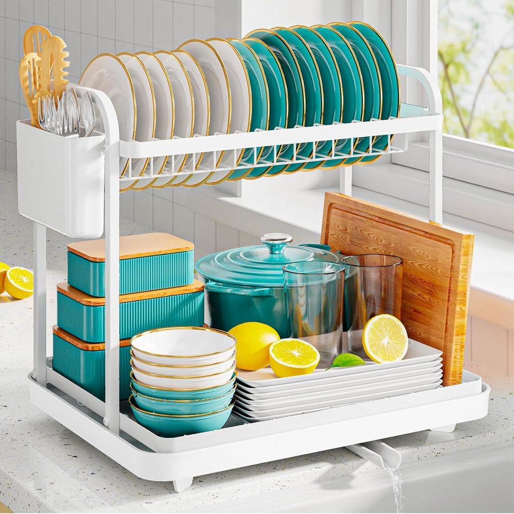 Sakugi 2-Tier Dish Drying Rack, 15" x 11.4" x 15", White — view 2