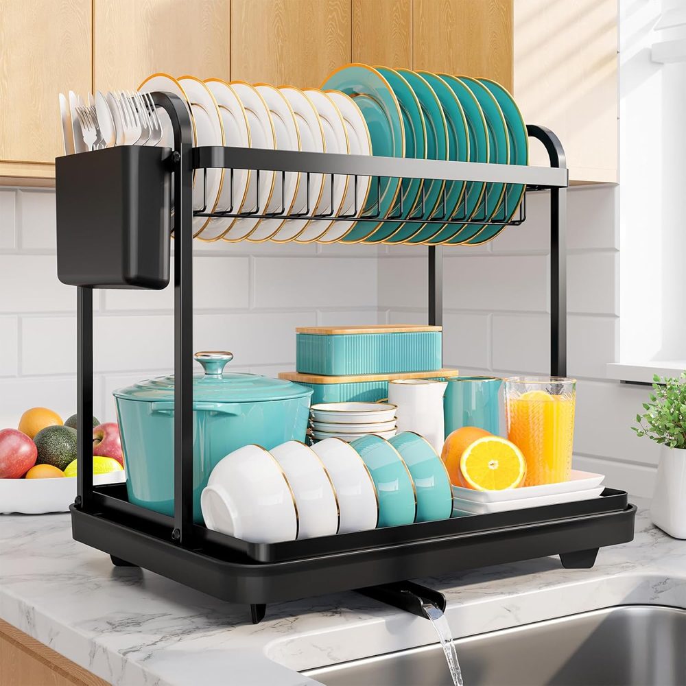 Sakugi 2-Tier Dish Drying Rack with Cutlery Holders, 15" x 11.4" x 15", Black — view 2