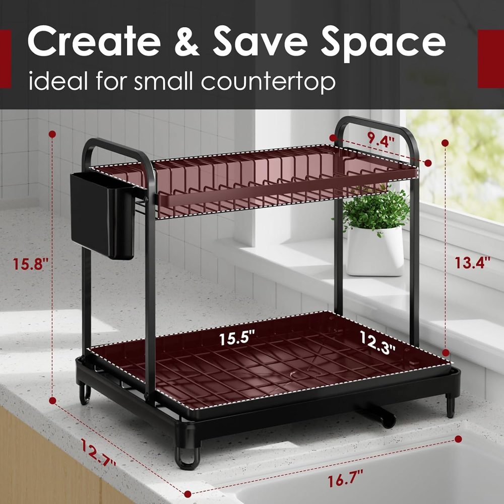Sakugi 2-Tier Dish Drying Rack X-Large, 16.7" x 12.7" x 15.8", Black — view 3