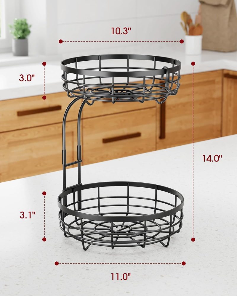 Sakugi 2-Tier Extra-Large Fruit Basket with Banana Hanger, 11" x 11" x 14", Black — view 3