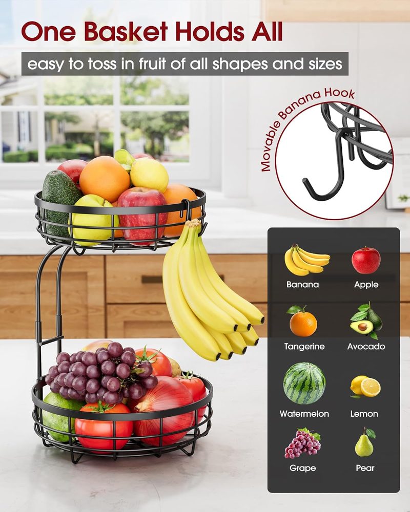 Sakugi 2-Tier Extra-Large Fruit Basket with Banana Hanger, 11" x 11" x 14", Black — view 4