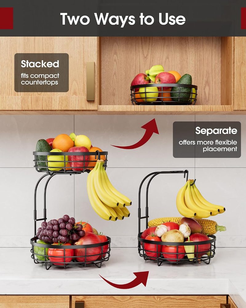 Sakugi 2-Tier Extra-Large Fruit Basket with Banana Hanger, 11" x 11" x 14", Black — view 5