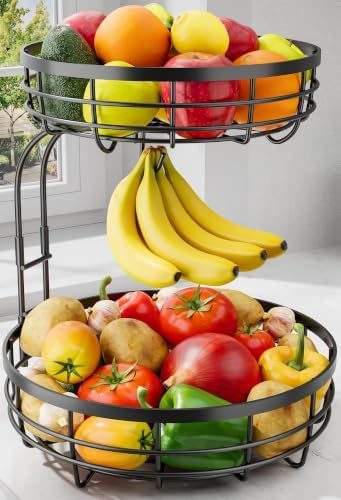 Sakugi 2-Tier Extra-Large Fruit Basket with Banana Hanger, 11" x 11" x 14", Black