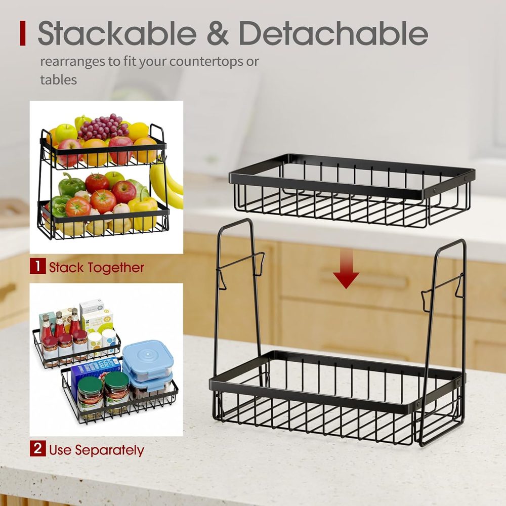 Sakugi 2-Tier Fruit Basket with Banana Hanger & Handles, 13.4" x 8.7" x 11.7", Black — view 4