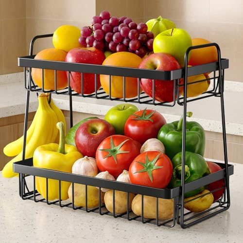 Sakugi 2-Tier Fruit Basket with Banana Hanger & Handles, 13.4" x 8.7" x 11.7", Black