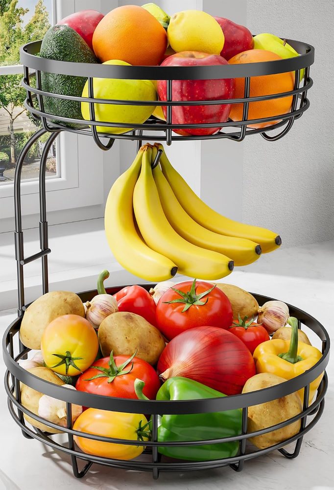 Sakugi 2-Tier Large Fruit Basket with Banana Hanger, 10" x 10" x 14", Black — view 2