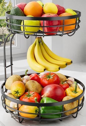 Sakugi 2-Tier Large Fruit Basket with Banana Hanger, 10" x 10" x 14", Black