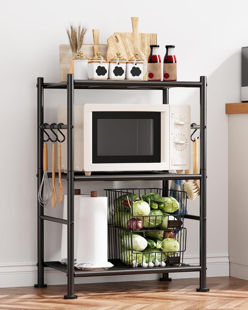 Sakugi 3-Tier Large-Capacity Storage Shelves with Hooks, 18.1" x 12.4" x 29.4", Black — view 3