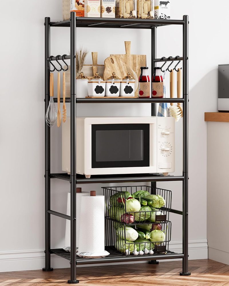 Sakugi 4-Tier Large-Capacity Storage Shelves with Hooks, 18.1" x 12.4" x 43.7", Black — view 3