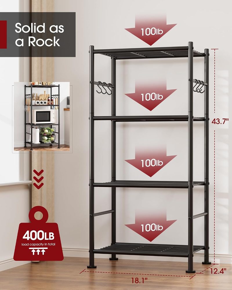 Sakugi 4-Tier Large-Capacity Storage Shelves with Hooks, 18.1" x 12.4" x 43.7", Black — view 4