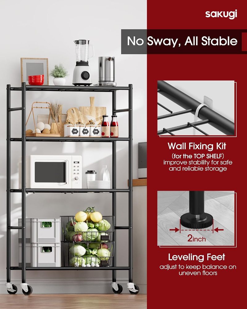Sakugi 4-Tier Storage Shelves 33.1" x12.6" x58.9" Black with Wheels — view 5