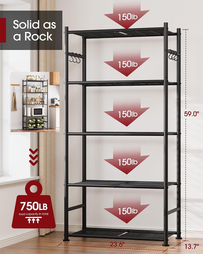 Sakugi 5-Tier Large-Capacity Storage Shelves with Hooks, 23.6" x 13.7" x 59", White — view 4