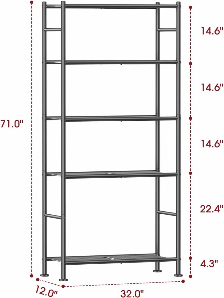 Sakugi 5-Tier Metal Storage Shelves Adjustable Feet, 32"x12"x71" — view 3