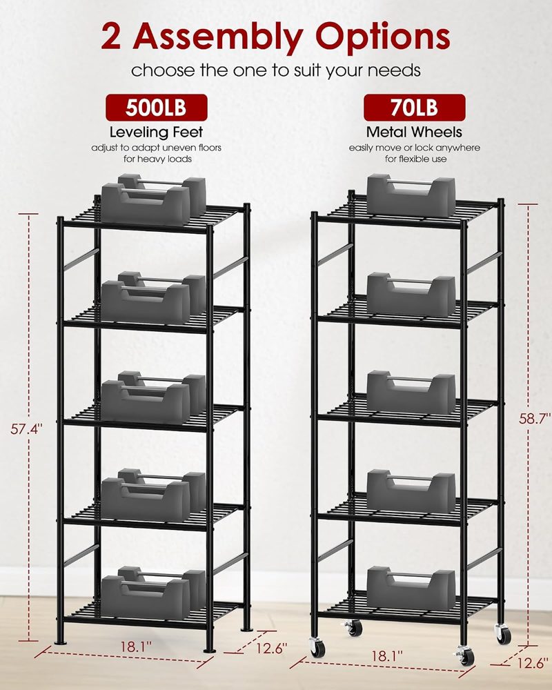 Sakugi 5-Tier Storage Shelves 18.1x12.6x58.7 Black with Wheels — view 4