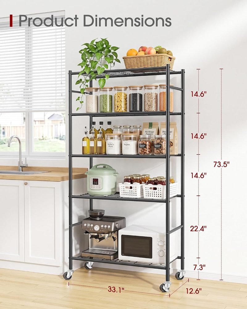 Sakugi 5-Tier Storage Shelves 33.1" x12.6" x73.5" Black with Wheels — view 4