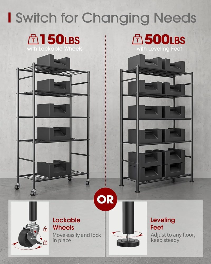 Sakugi 5-Tier Storage Shelves 33.1" x12.6" x73.5" Black with Wheels — view 5