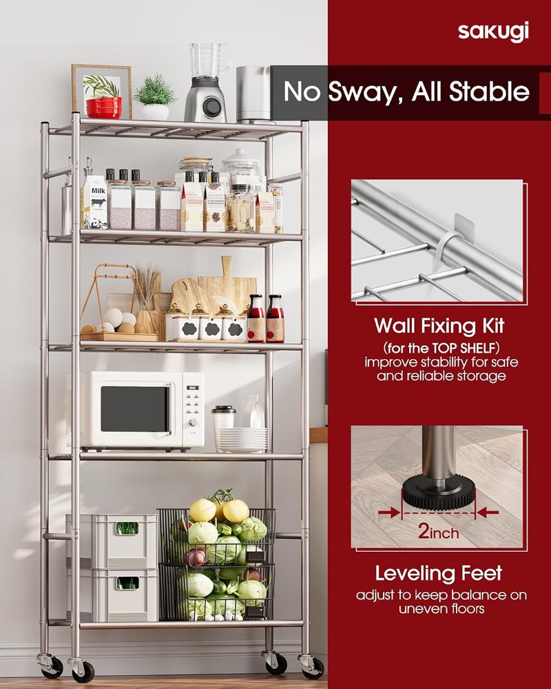 Sakugi 5-Tier Storage Shelves 33.1" x12.6' x73.5 Silver with Wheels — view 5