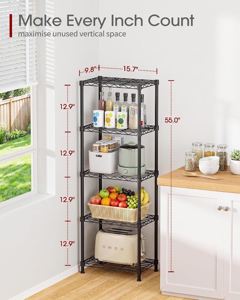 Sakugi 5-Tier Wire Shelving with Leveling Feet, 16" x 10" x 55.1", Black — view 4
