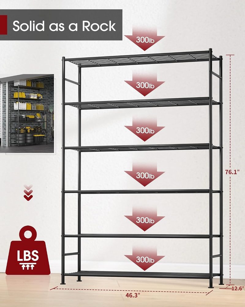 Sakugi 6-Tier Heavy-Duty Storage Shelves, 46.3" x 12.6" x 76.1", Black — view 3