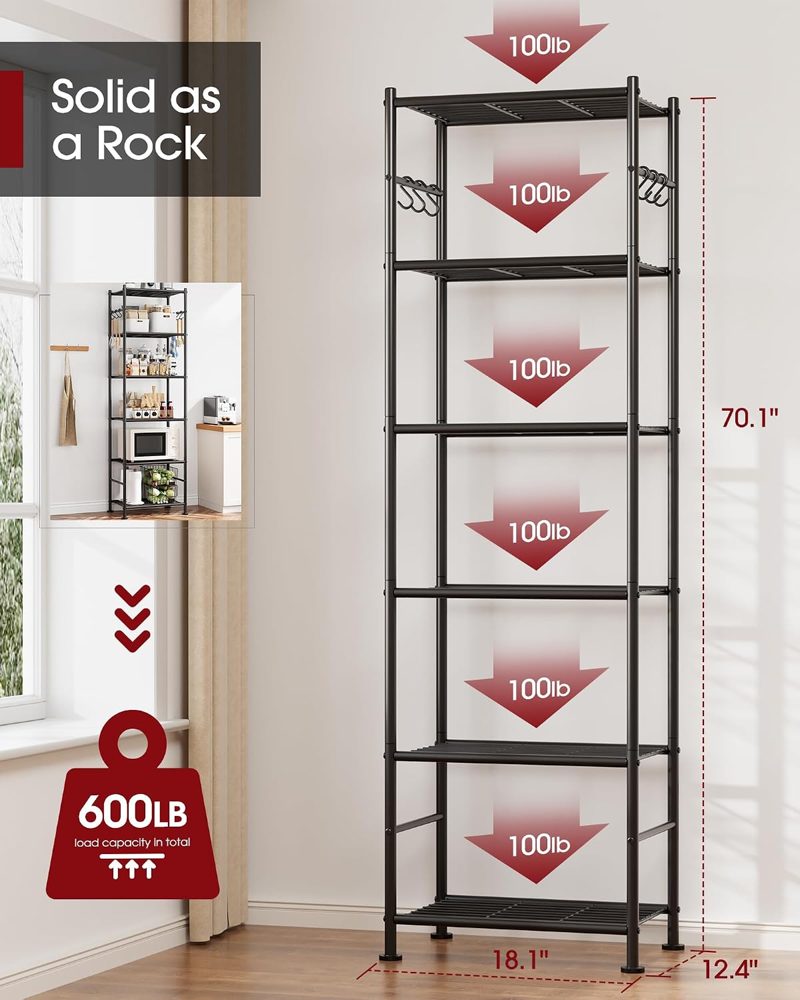 Sakugi 6-Tier Large-Capacity Storage Shelves with Hooks, 18.1" x 12.4" x 70.1", Black — view 4