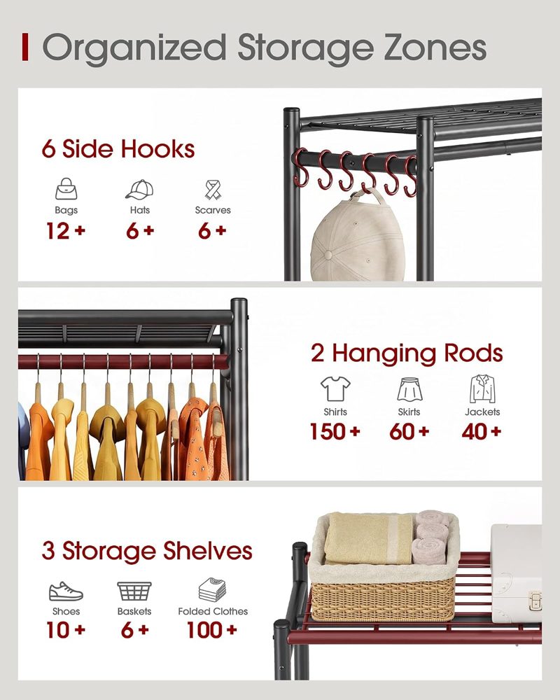 Sakugi Clothes Rack with Shelves & Wheels, 33" x 12.2" x 79.5", Black — view 5