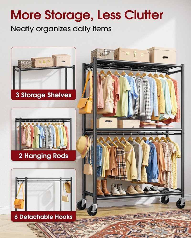Sakugi Clothes Rack with Shelves & Wheels, 45.2" x 12.6" x 80.7", Black — view 4