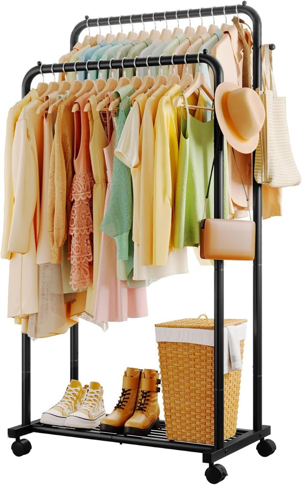 Sakugi Double Rod Clothes Rack Mesh Shelf & Hooks, 28.7x16.5x59.1 — view 2