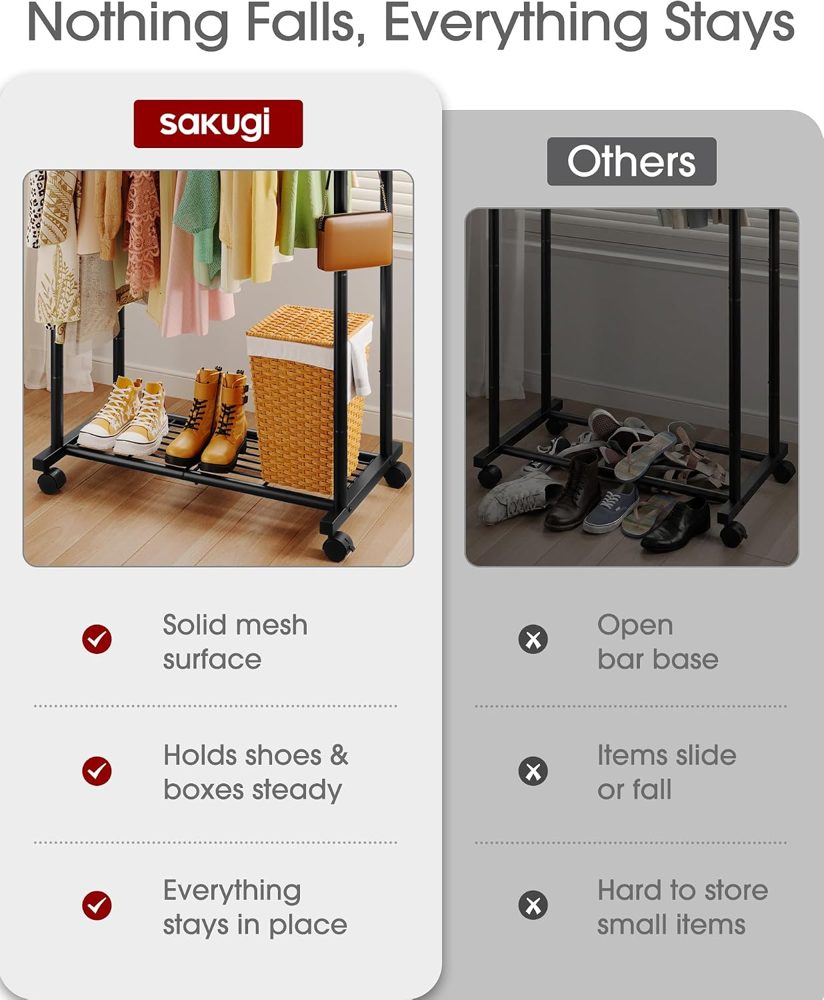Sakugi Double Rod Clothes Rack Mesh Shelf & Hooks, 28.7x16.5x59.1 — view 5