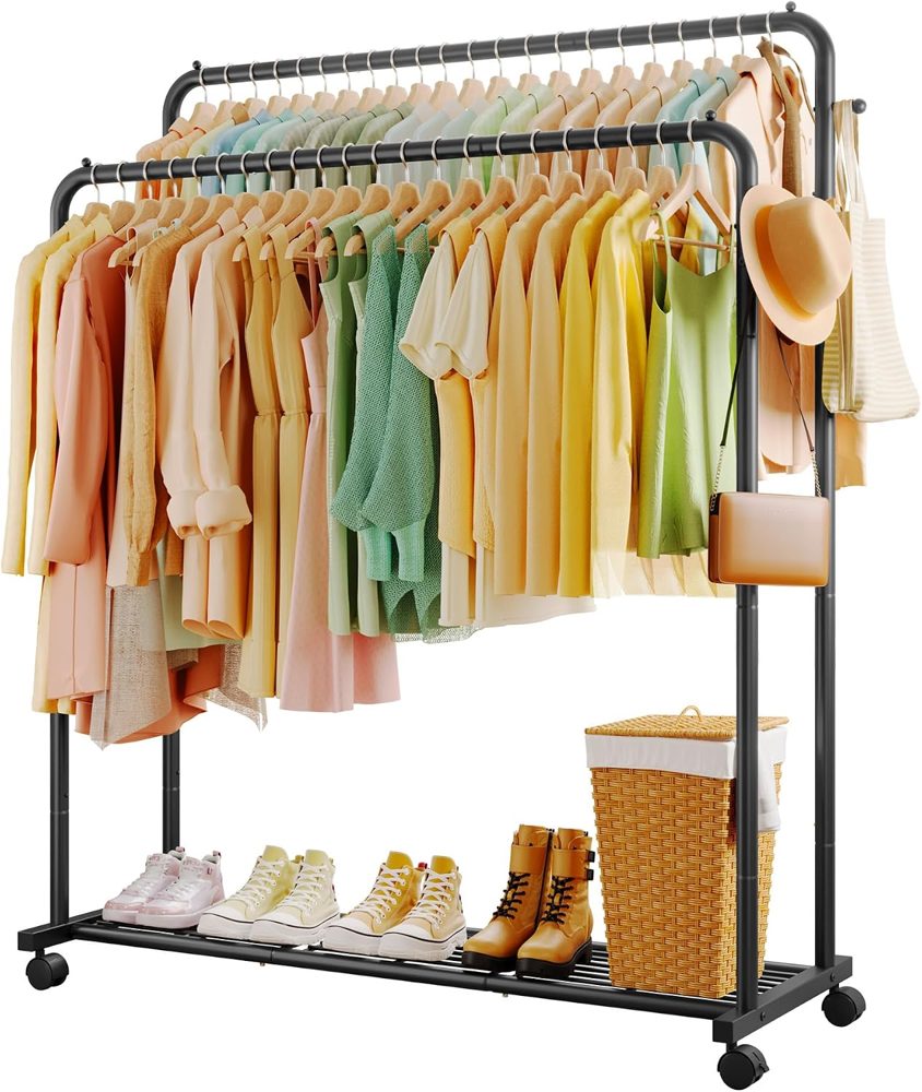 Sakugi Double Rod Clothes Rack Mesh Shelf & Hooks, 47.2x16.9x59.1 — view 2