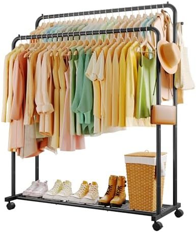 Sakugi Double Rod Clothes Rack Mesh Shelf & Hooks, 47.2x16.9x59.1