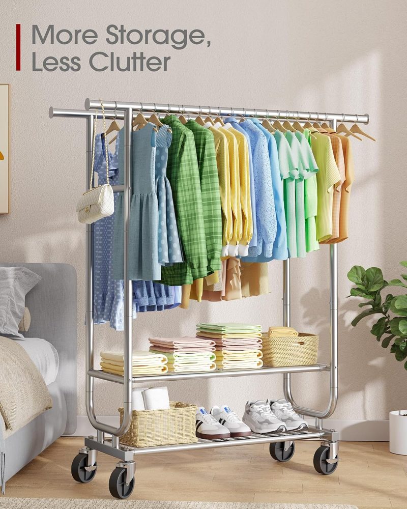Sakugi Double-Rod Garment Rack 2-Tier 42.5" x16.9" x65.2" Silver Wheels — view 3