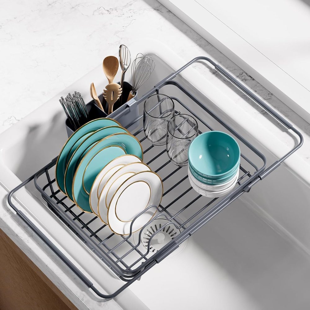Sakugi Extendable Over-Sink Dish Drainer, 12" x 16.1"–23", Silver — view 2