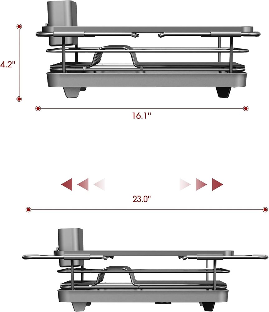 Sakugi Extendable Over-Sink Dish Drainer, 12" x 16.1"–23", Silver — view 4