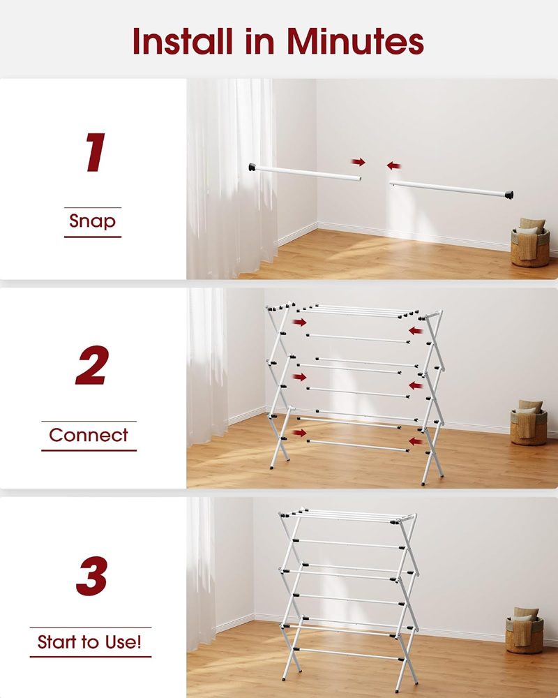 Sakugi Foldable 3-Tier Laundry Drying Rack, 29.1" x 11.4" x 37.4", White & Black — view 5
