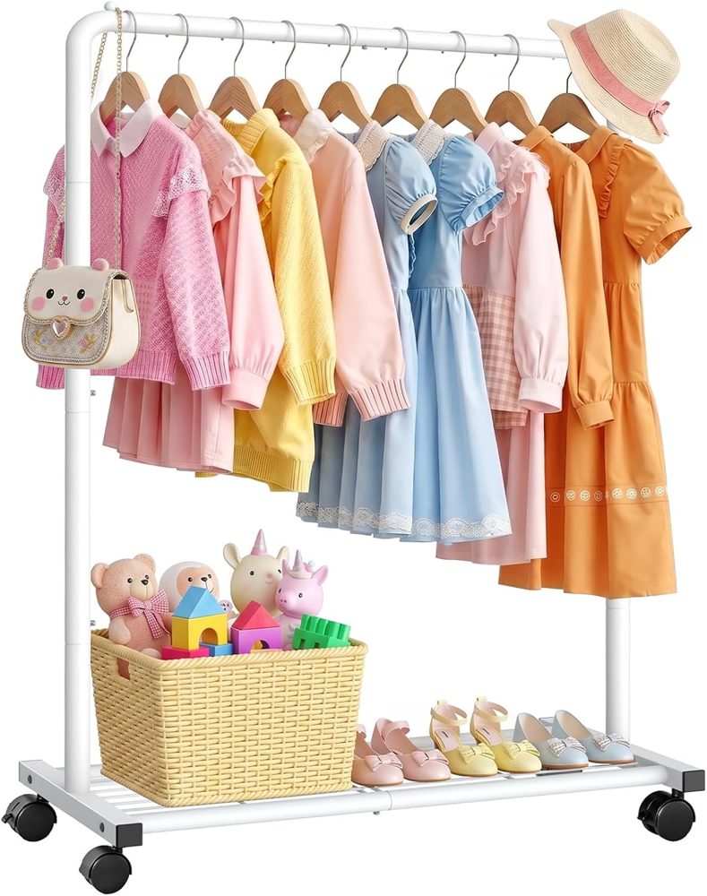 Sakugi Kids Clothes Rack with Bottom Shelf, 28" x 16.9" x 46", White — view 2