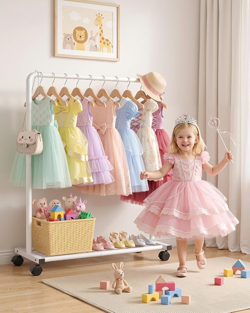 Sakugi Kids Clothes Rack with Bottom Shelf, 28" x 16.9" x 46", White — view 4