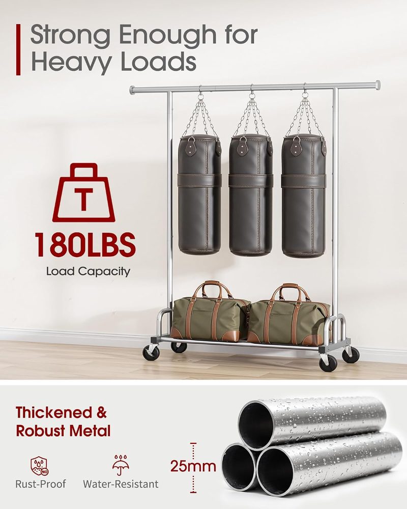 Sakugi Large-Capacity Clothes Rack with Lockable Wheels, 45.6" x 16.9" x 59", Silver — view 4