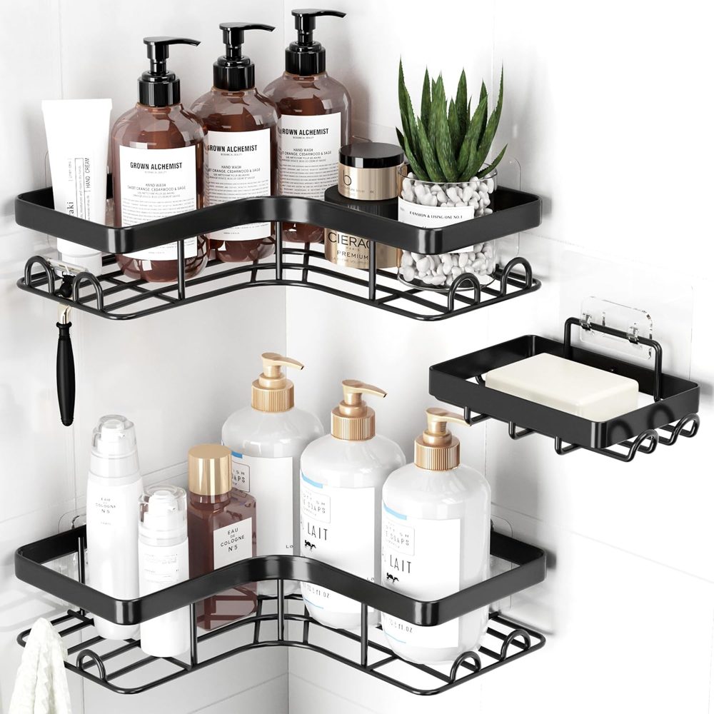Sakugi Large Corner Shower Caddy 3-Pack with Soap Holder, Black — view 2