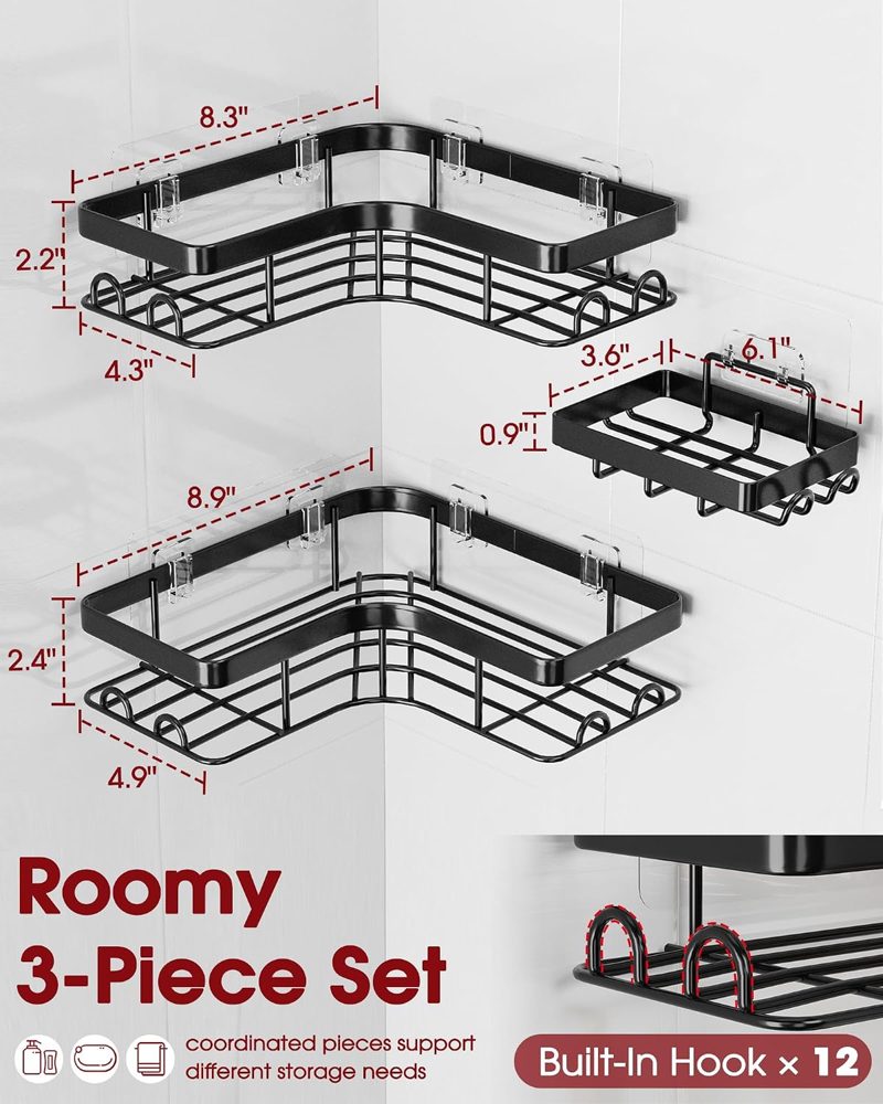 Sakugi Large Corner Shower Caddy 3-Pack with Soap Holder, Black — view 4