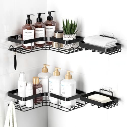 Sakugi Large Corner Shower Caddy 4-Pack with Toothbrush Holder, Black