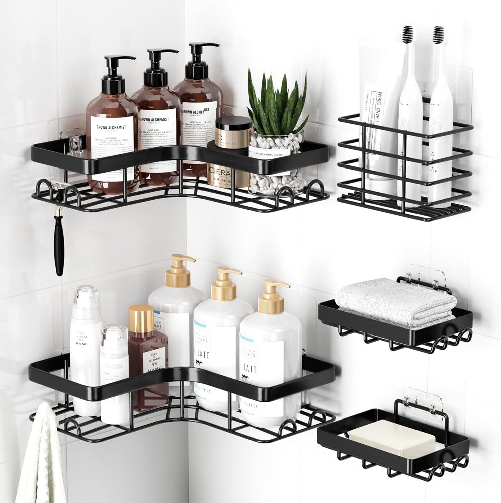 Sakugi Large Corner Shower Caddy 5-Pack with Toothbrush Holder, Black — view 2