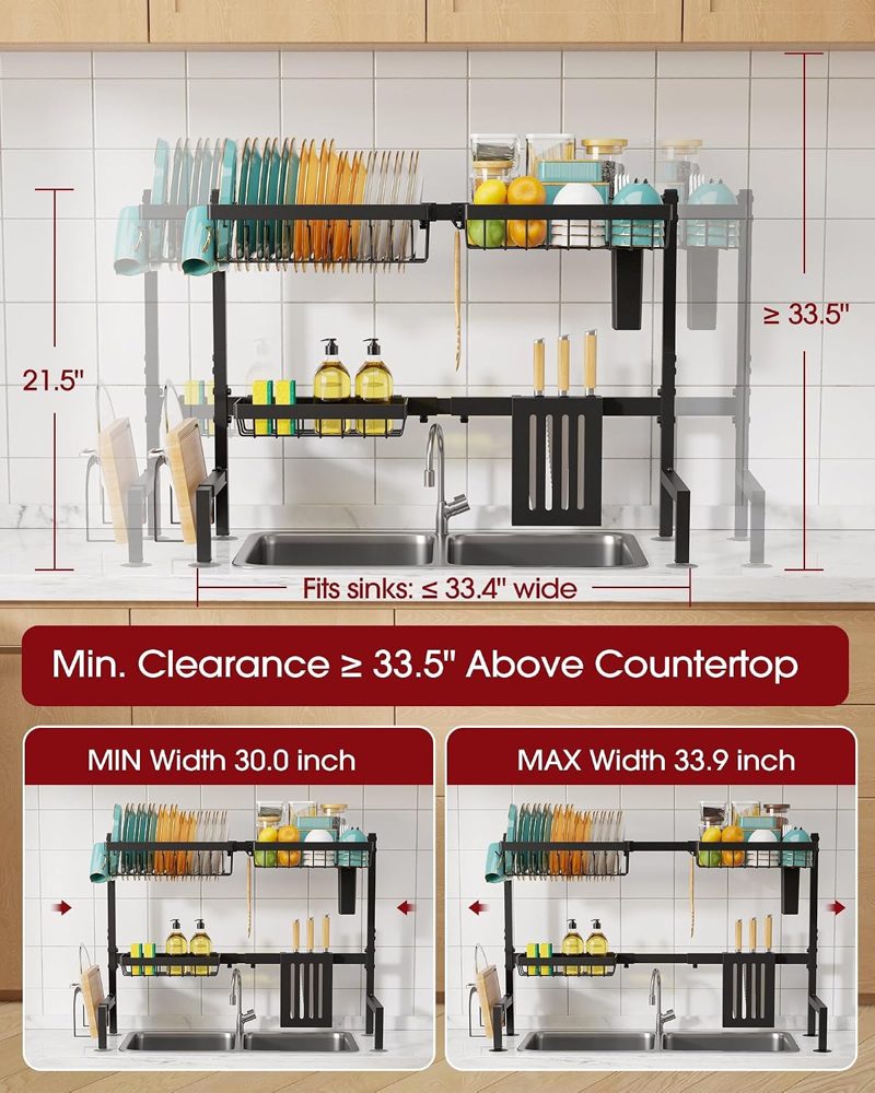 Sakugi Over-the-Sink Dish Drying Rack, 2-Tier Large, 30"–33.9" Adjustable, Black — view 4