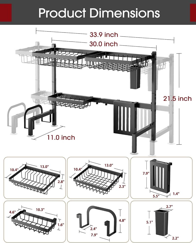 Sakugi Over-the-Sink Dish Drying Rack, 2-Tier Large, 30"–33.9" Adjustable, Black — view 5