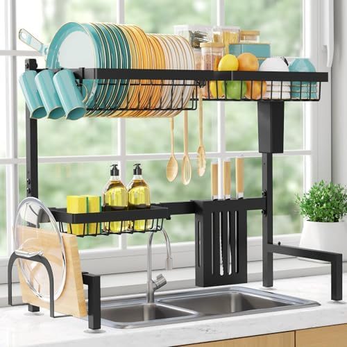 Sakugi Over-the-Sink Dish Drying Rack, 2-Tier Large, 30"–33.9" Adjustable, Black