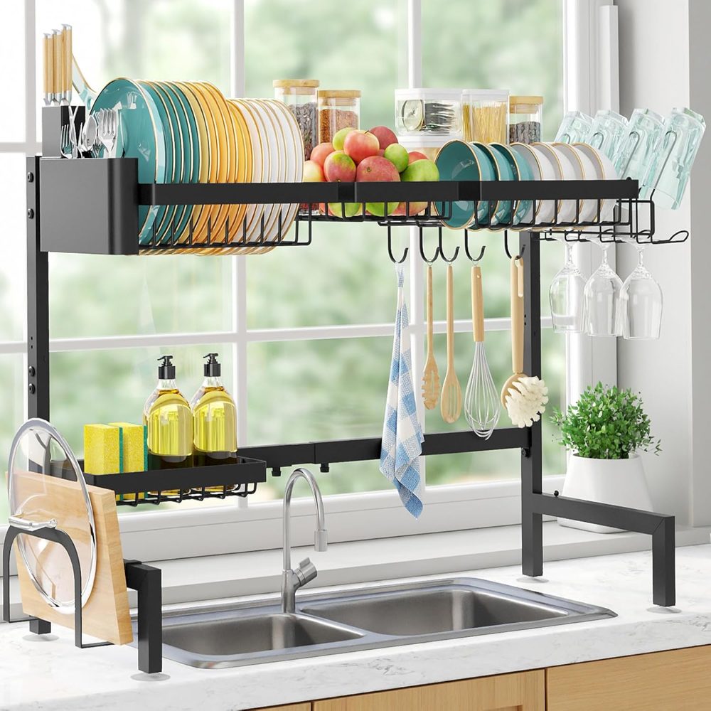 Sakugi Over-the-Sink Dish Drying Rack, 2-Tier X-Large, 31.5"–39.5" Adjustable, Black — view 2