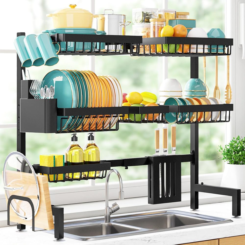 Sakugi Over-the-Sink Dish Drying Rack, 3-Tier XX-Large, 31.5"–39.5" Adjustable, Black — view 2
