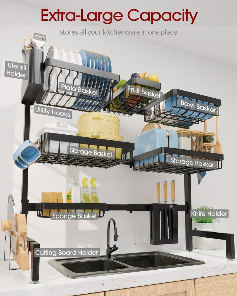 Sakugi Over-the-Sink Dish Drying Rack & Counter Drainer, Black — view 5