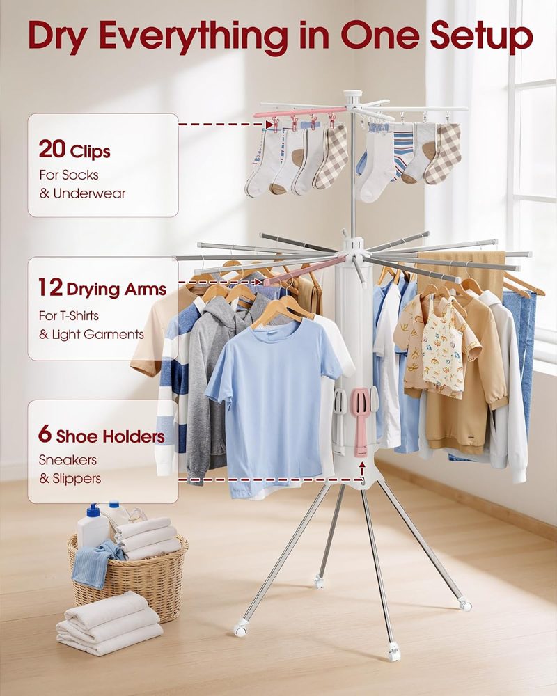 Sakugi Rolling Clothes Drying Rack with 12 Steel Arms, 71" High — view 3