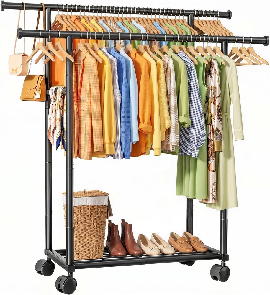 Sakugi Rolling Double Rod Clothes Rack with Shelf, 39" x 17" x 60" — view 2